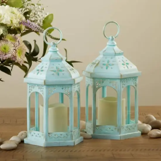 LED Blue Hexagon Distressed Lantern Set {3}