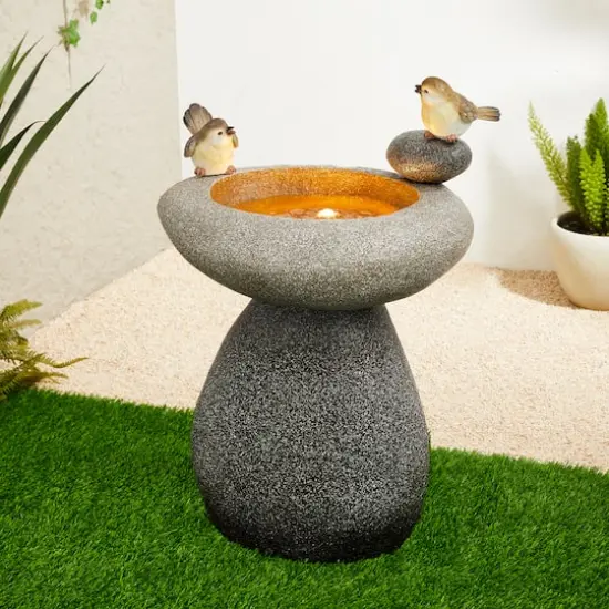 Glitzhome&reg; 20.75" Zen-Style Faux Stone Texture Outdoor Birdbath Fountain with LED Light {3}