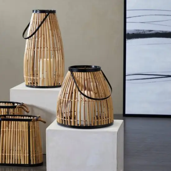 15" Brown Wicker Handmade Slatted Frame Candle Lantern with Handle {7}