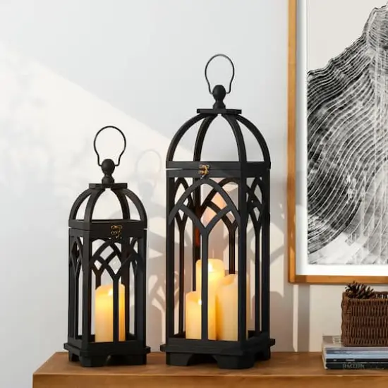 Glitzhome&reg; Black Farmhouse Church Window Wood & Metal Lanterns Set {3}