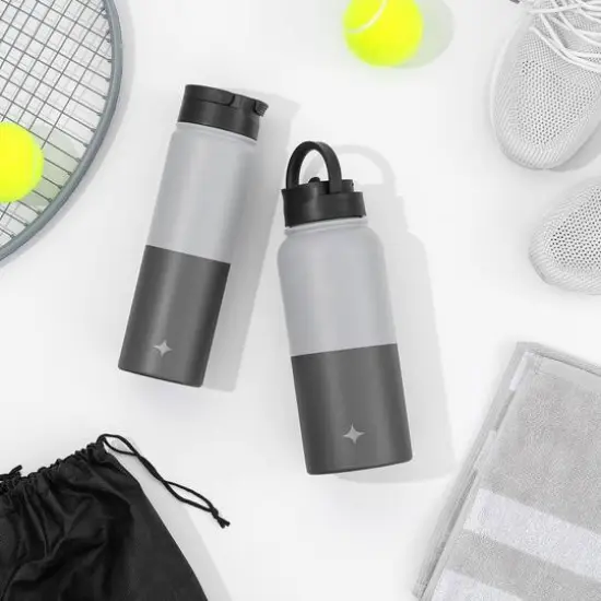 JoyJolt&reg; 32oz. Vacuum Insulated Water Bottle With Flip Lid & Sport Straw Lid Gray/Black {4}