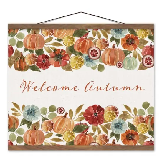 Welcome Autumn Watercolor Pumpkins Teak Hanging Canvas {1}