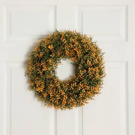 18in. Pre-Lit Autumn Boxwood Artificial Fall Wreath with 25 Warm White LED Lights {11}