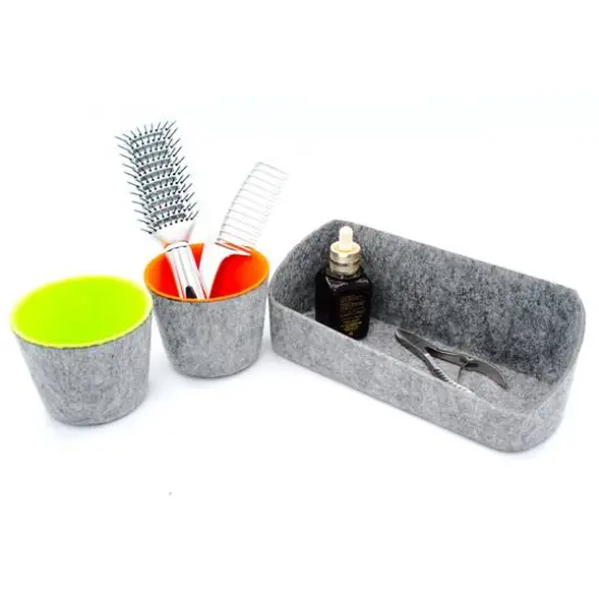 Welaxy Felt 3 Piece Gray Tray with Orange & Green Cups Desktop Organizer Set {6}