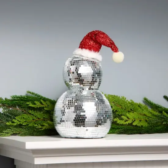12" Disco Ball Snowman with Red Santa Hat {3}