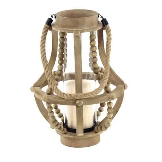 Beige Recycled Wood Farmhouse LED Lantern, 16" x 10" x 10" {1}