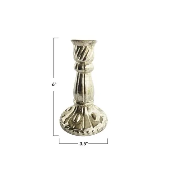 Hello Honey&reg; 6" Antique Silver Finish Debossed Mercury Glass Taper Candle Holder {4}
