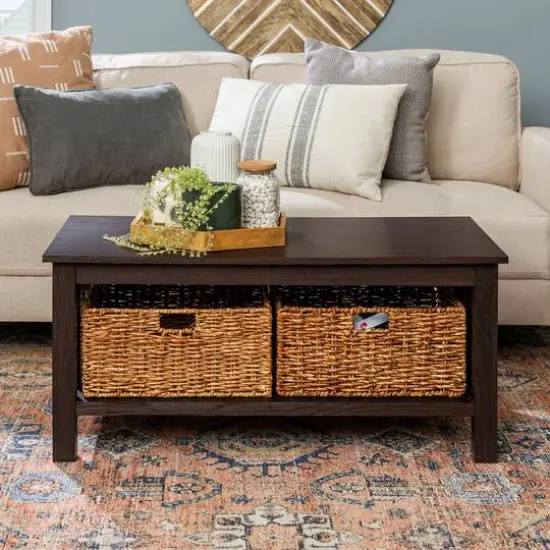 Walker Edison 40" Espresso Mission Storage Coffee Table with Baskets {6}