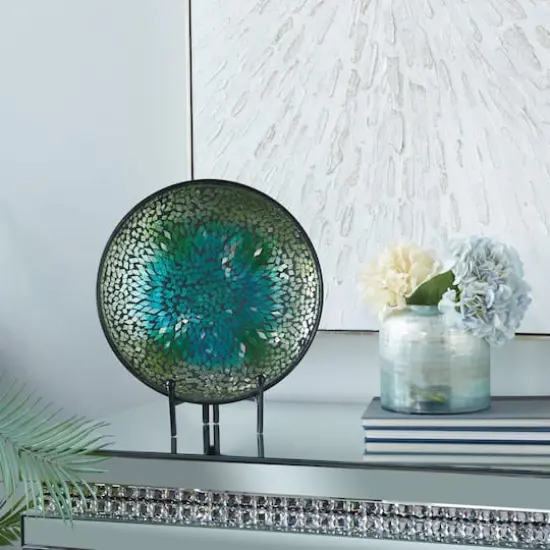 14" Green & Blue Glass Glam Decorative Plate with Stand {8}