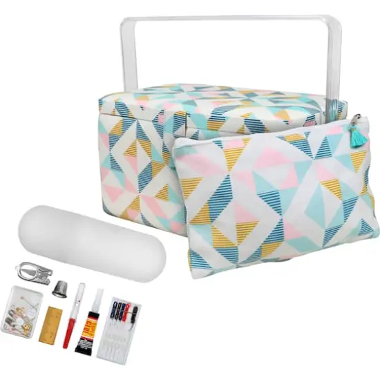 SINGER&reg; Large Abstract Geo Print Sewing Basket with Matching Pouch Sew Kit {1}