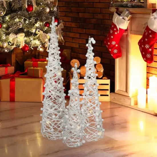 23.5", 31.25", & 39.25" Pre-Lit White & Silver Cone Artificial Christmas Tree Set, Clear LED Lights {4}