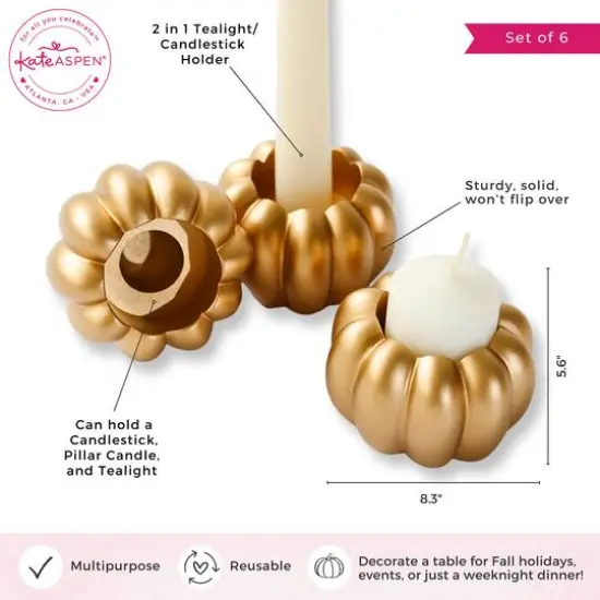 Kate Aspen Gold Pumpkin 2-in-1 Tealight Candlestick Holder Set, 6ct. {7}