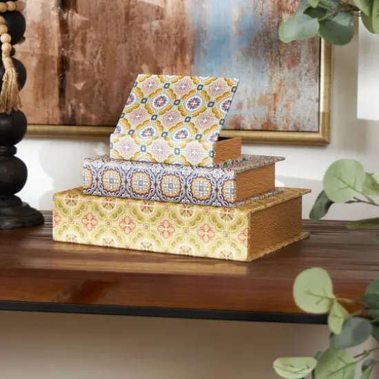 Arabesque Pattern Canvas Storage Book Box Set Yellow/Green/Blue/Orange {9}