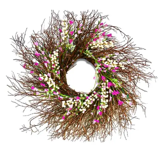 24" Spring Dark Pink & Cream Forsythia Wreath {1}