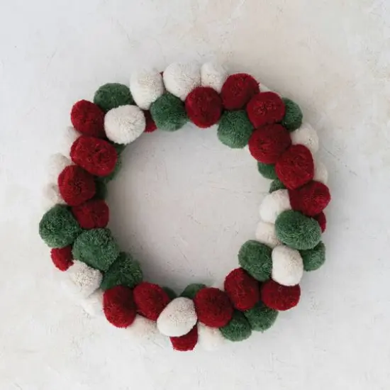 Hello Honey® 18" Red, Green & Cream Color Round Wool Pom Pom Wreath {3}