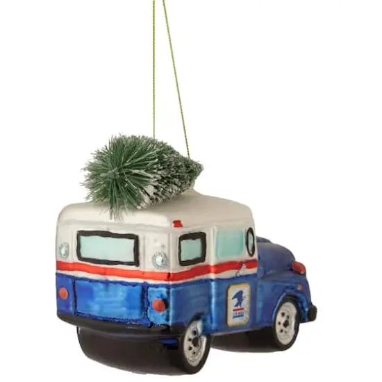 5" Blue & Silver USPS Post Office Truck with Frosted Tree Glass Christmas Ornament {9}