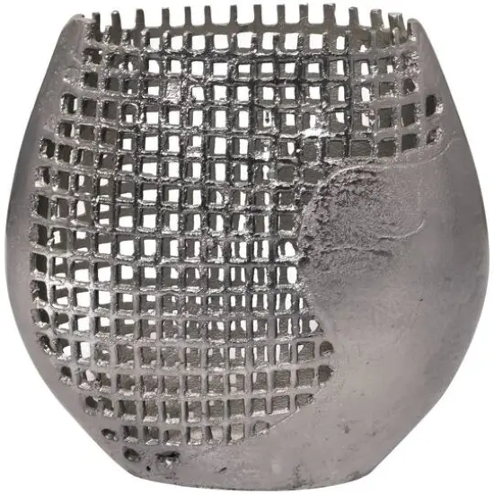 13" Dark Gray Aluminum Grid Inspired Abstract Vase with Open Frame Design {1}