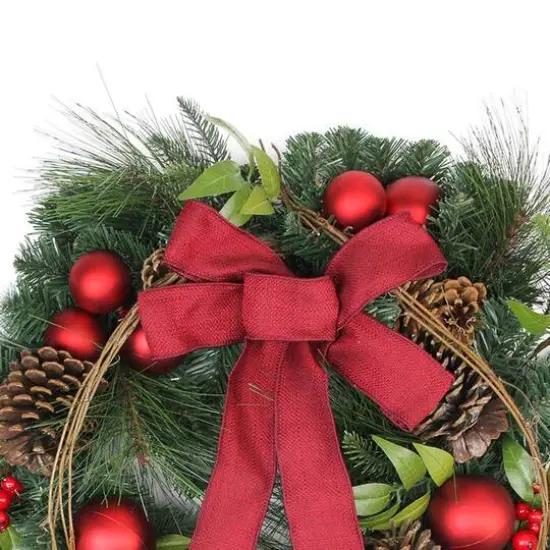 24" Red Ball Ornaments & Pinecones Artificial Pine Wreath {6}