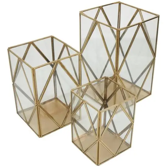 CosmoLiving by Cosmopolitan Gold Metal & Clear Glass Diamond Rectangular Candle Lantern Set {3}