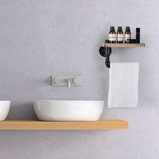 Rustic Brown Industrial Wall-Mounted Toilet Paper Holder with Wood Shelf {6}