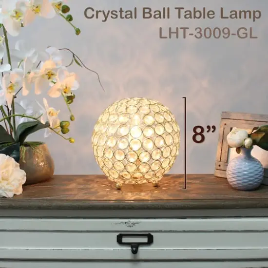 Lalia Home 8" Medium Metal Crystal Round Orb Table Lamp Gold {5}