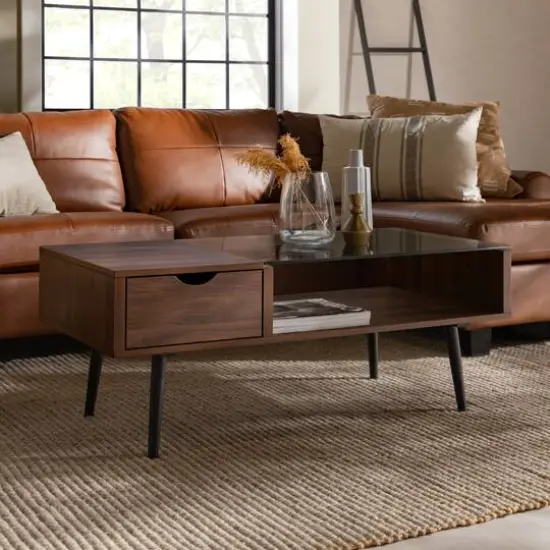 Dark Walnut Mid Century Modern Wood & Glass Coffee Table {3}