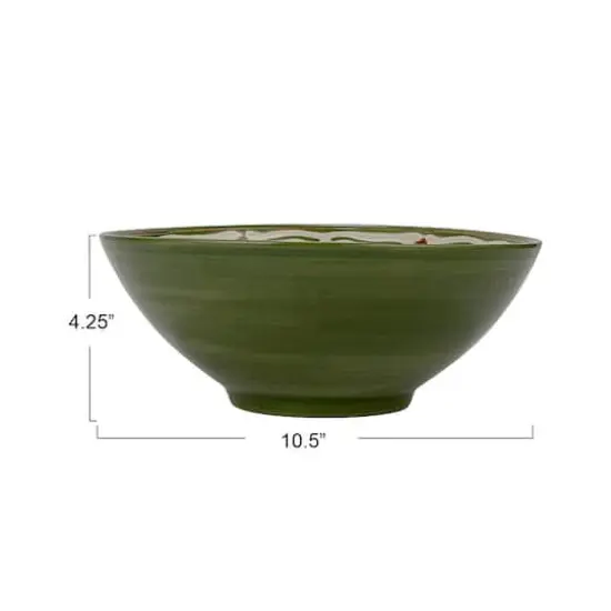 Hello Honey® 10.5" Green & Brown Hand-Painted Pattern Stoneware Serving Bowl {4}