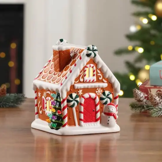 7" Brown Nostalgic Ceramic Lit Gingerbread House {3}