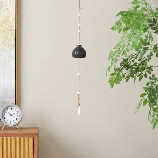 23" Black Ceramic Handmade Curved Bell Windchime with Cascading White Disks {3}