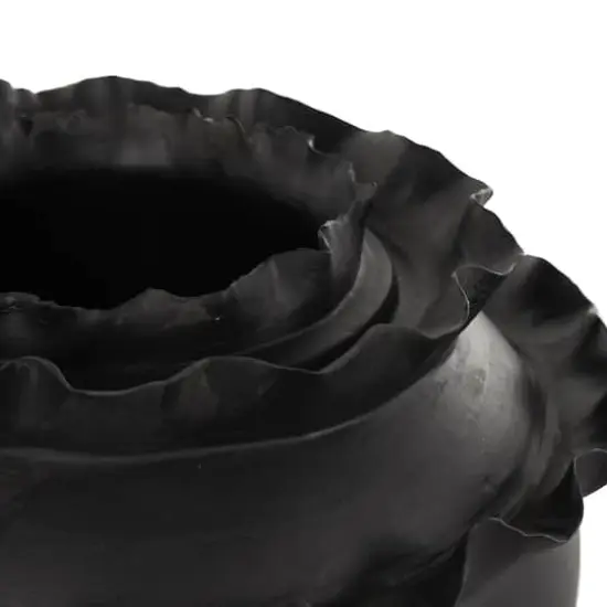 11.5" Black Wide Abstract Floral Ceramic Vase with Layered Petals {4}