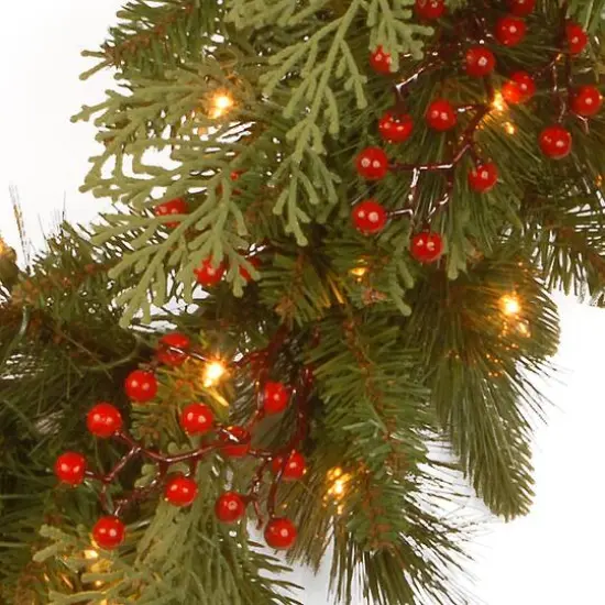 24" Feel Real&reg; Classical Collection Wreath with Red Berries, Cedar Leaves & Warm White LED Lights {4}