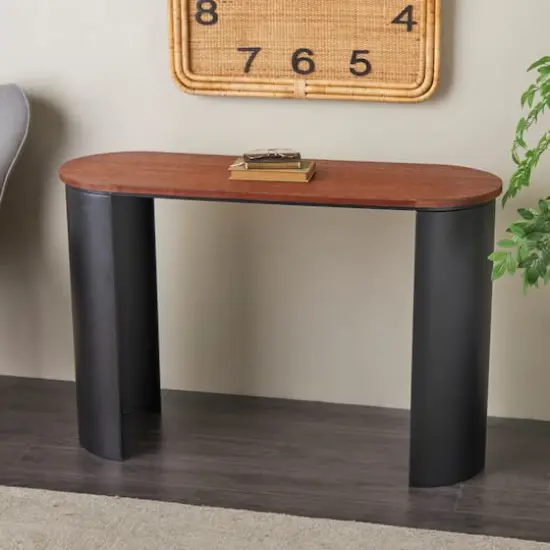 47.25" Black Wood Curved Crescent Living Room Console Table with Brown Wood Oval Tabletop {3}