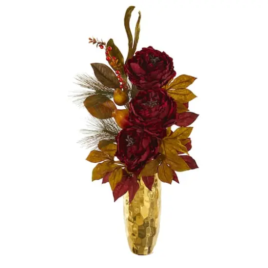 2.5ft. Red Peony, Pear & Magnolia Leaf Arrangement in Gold Vase {1}