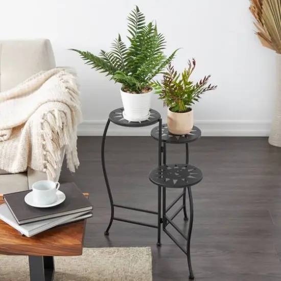 24" Black Metal Folding 3-Tier Plant Stand with Sun Face Cutouts {7}