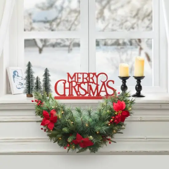 Glitzhome&reg; 3ft. Pre-Lit Pine, Poinsettia & Berries Christmas Swag {3}