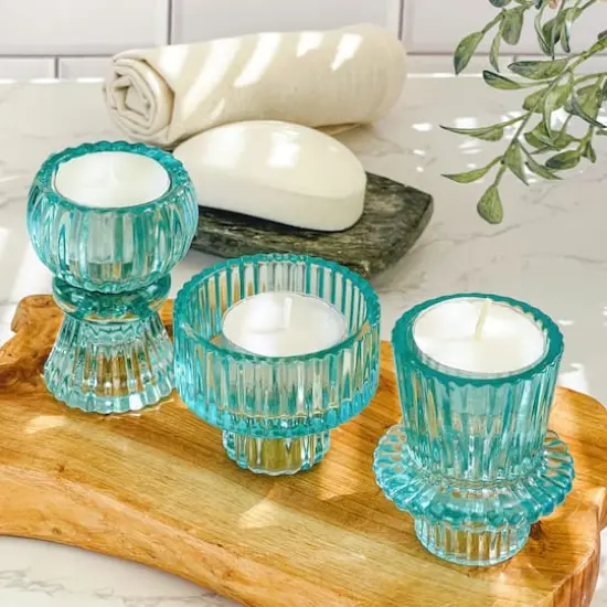 Kate Aspen&reg; Assorted Vintage Ribbed Blue Glass Candlestick Candle Holder Set {5}