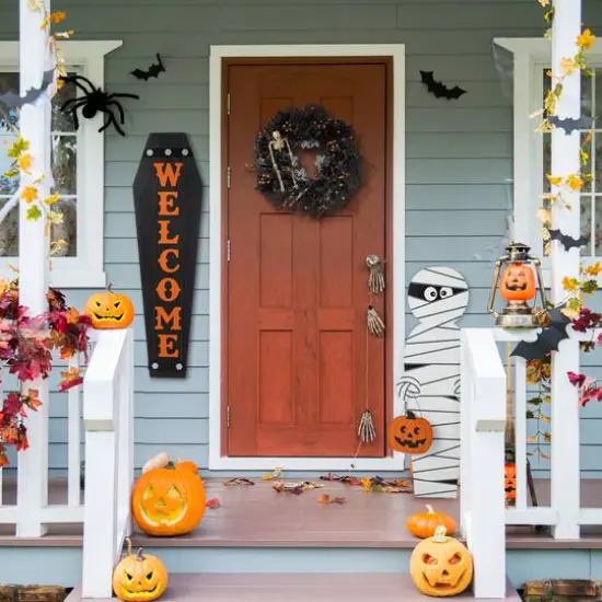 Glitzhome&reg; Halloween Wood Mummy and Welcome Coffin Porch Decor Set {4}