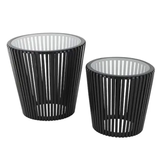 Black Wood Cage Inspired Accent Table with Clear Glass Tabletop Set {4}
