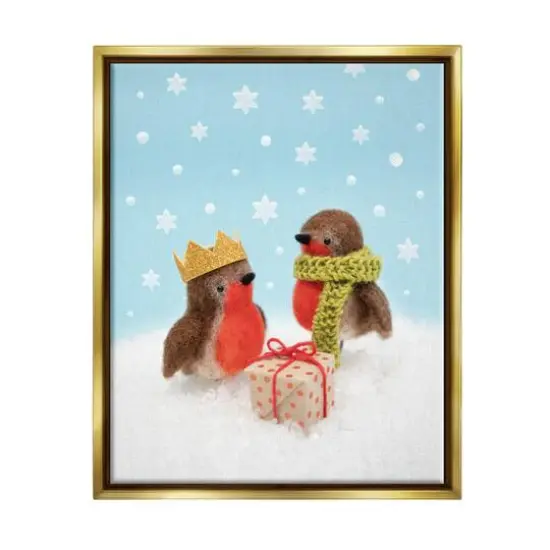 Stupell Industries Birds Gift Giving Christmas Snow Framed Floater Canvas Wall Art Gold {1}