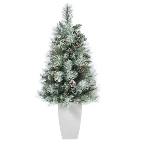 3.5ft. Pre-Lit Frosted British Columbia Mountain Pine Artificial Christmas Tree in White Planter, Clear Lights {4}