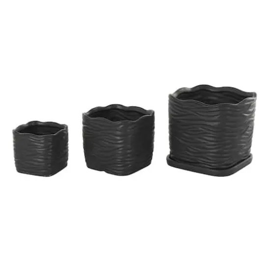 Black Wavy Ribbed Ceramic Planter Set {9}