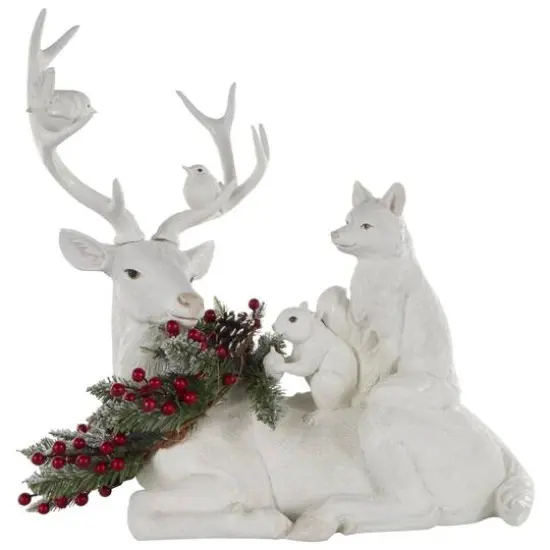 23" White Reindeer with Woodland Animals Sculpture {1}