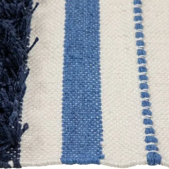 Blue, Cream & Black Striped Handloom Woven Outdoor Throw Rug, 3.5ft.x 2ft. {6}