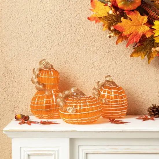 Glitzhome&reg; Orange and White Lines Glass Pumpkin & Gourd Set {5}
