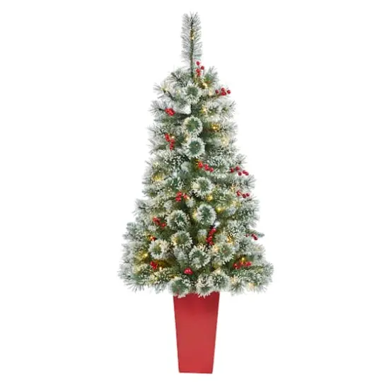 4ft. Pre-Lit Potted Frosted Swiss Pine Artificial Christmas Tree with Berries, Clear LED Lights {1}