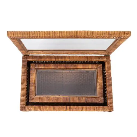 Hello Honey&reg; Dark Brown Modern Decorative Rectangle Woven Rattan & Wood Display Box Set with Glass Top {7}