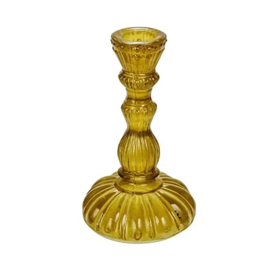 Hello Honey&reg; 6" Tall Embossed Chartreuse Reclaimed Glass Taper Holder {1}