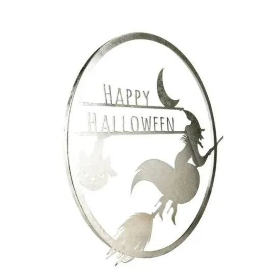 17" Silver Flying Witch Happy Halloween Wall Sign {3}