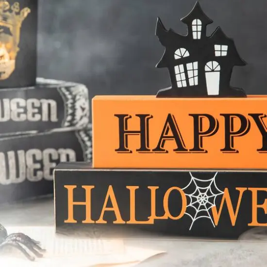 Glitzhome&reg; 9.5" Happy Halloween Haunted House Block Sign {5}