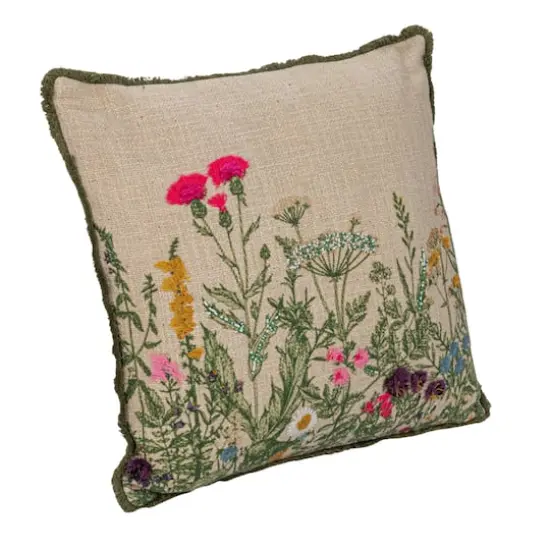 Hello Honey&reg; 18" Multicolor Flower Embroidery, Beads & Lace Trim Cotton Slub Pillow {1}